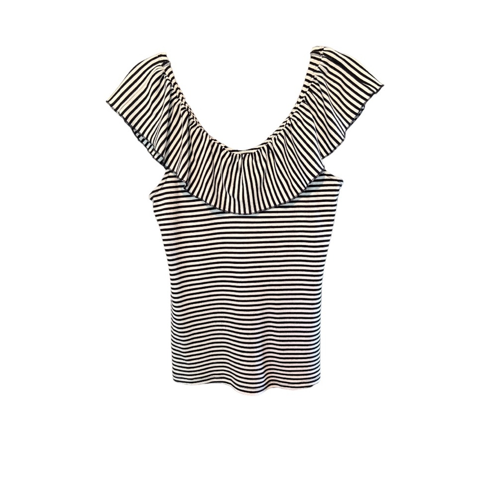 a new day Woman’s Ruffled Neck Blue/White Top Sz M